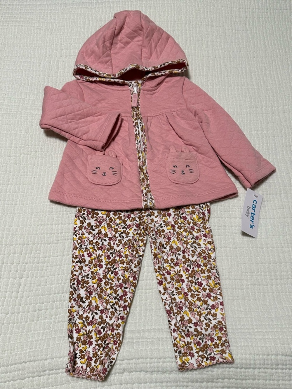Carter's Pink Quilted Hooded Jacket with Animal Pocket Detail & Floral Leggings